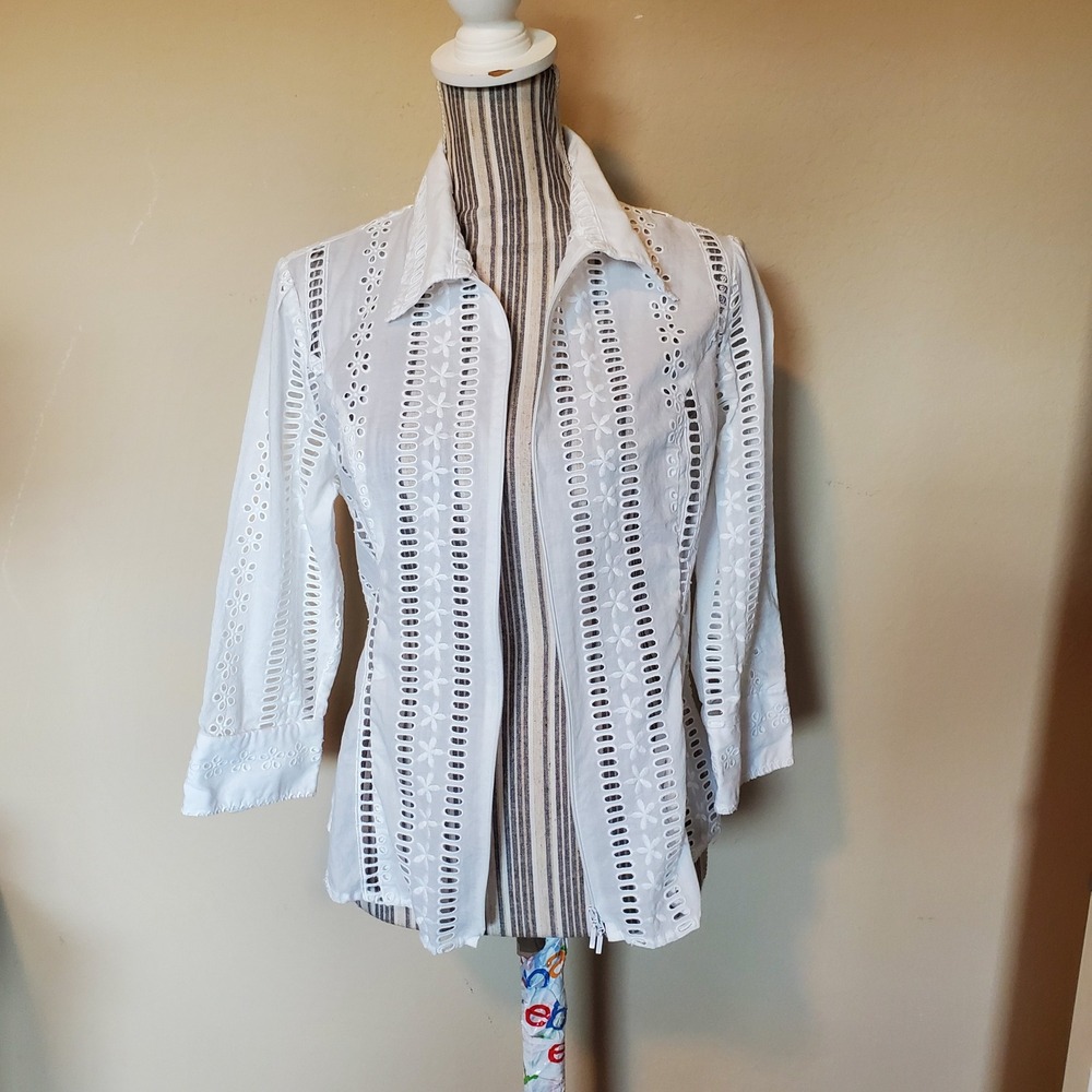 D&Y White 100% Cotton Eyelet Lace Zip‎ Front 3/4 Sleeve Blouse Top Large